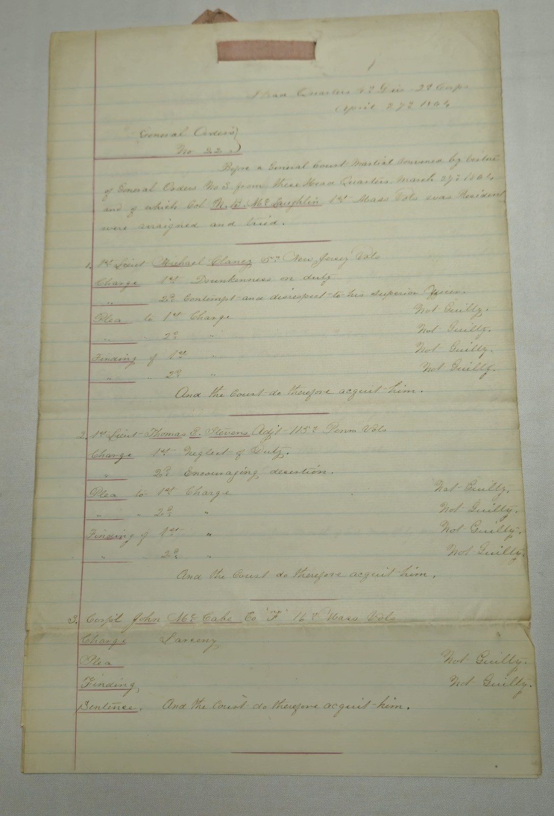 1864 Civil War Court Martial General Orders No 23 HQ 3rd Division3rd Corps AOP
