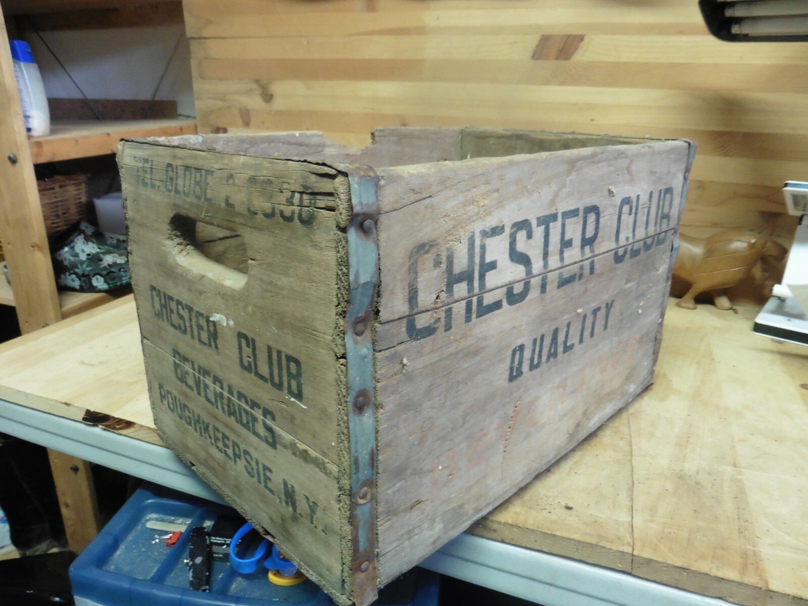 vtg Milk Crate wood metal Box Chester Club BeveragesRare Poughkeepsie 1950\'s