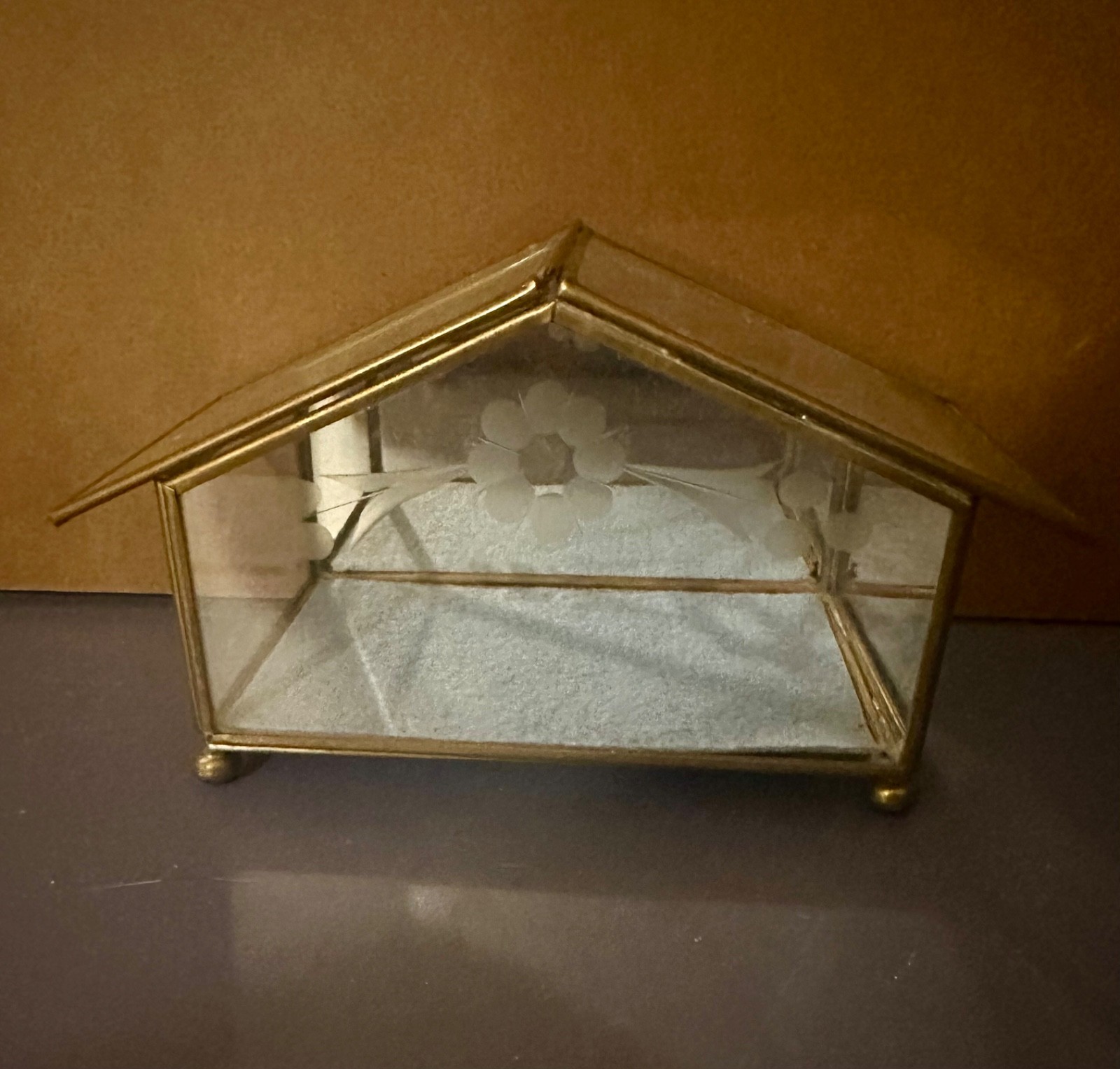 Vintage Brass Glass Mirror House Curio Brass Trinket | Etched Flower| 4”x7”