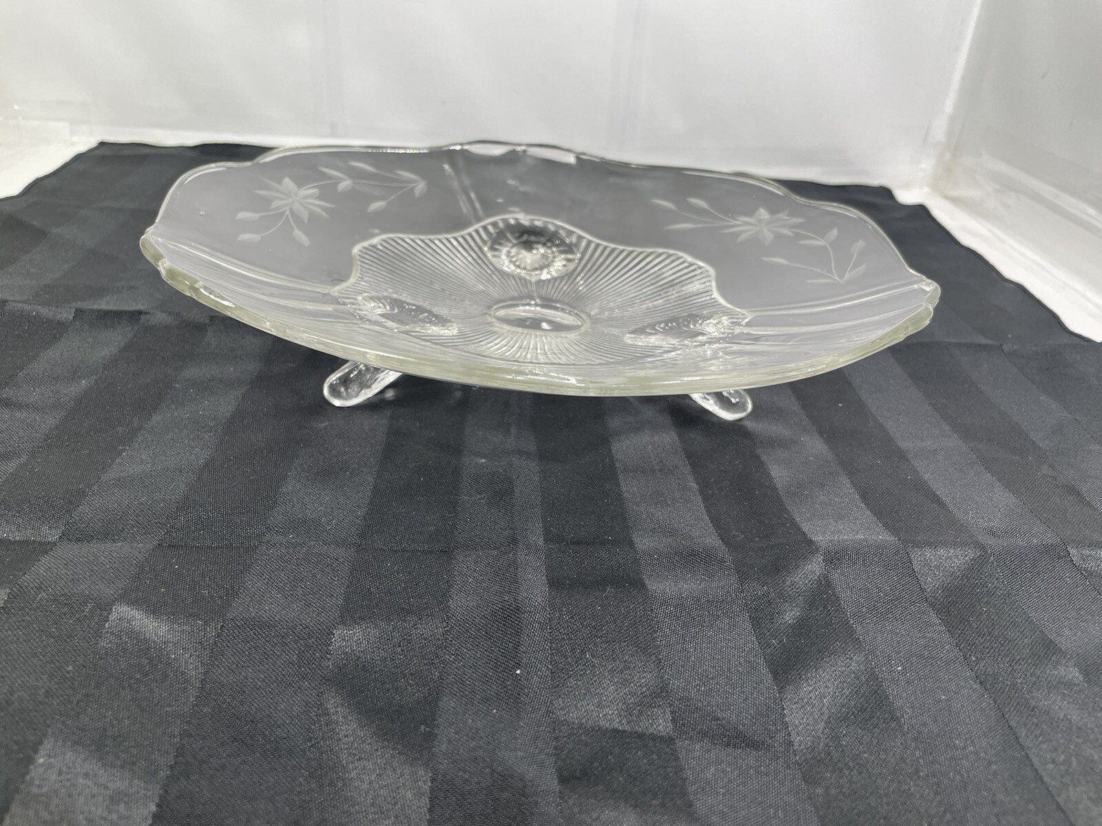 Vintage Clear 3 Footed Glass Bowl w/ Etched Flowers 10” Rare / HTF