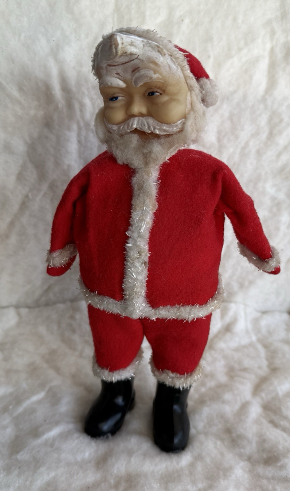 Vintage Santa Claus Figurine, Rubber-Faced, Felt Suit, Mid Century Christmas