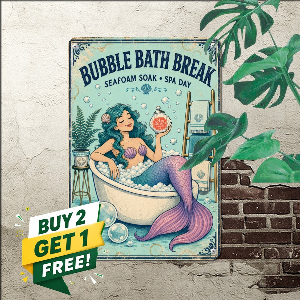 Whimsical Mermaid Metal Sign Retro Bathtub Bathroom Wall Art Tin Plaque