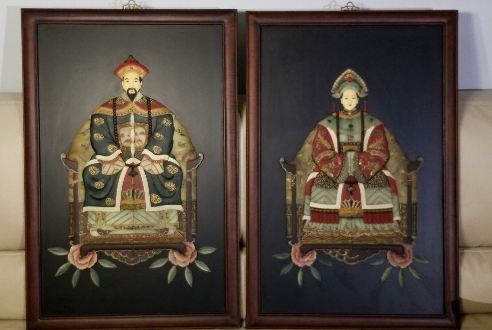 Pair Large Chinese Carved Hardstone Relief Emperor & Empress Portraits by Xu Zhe