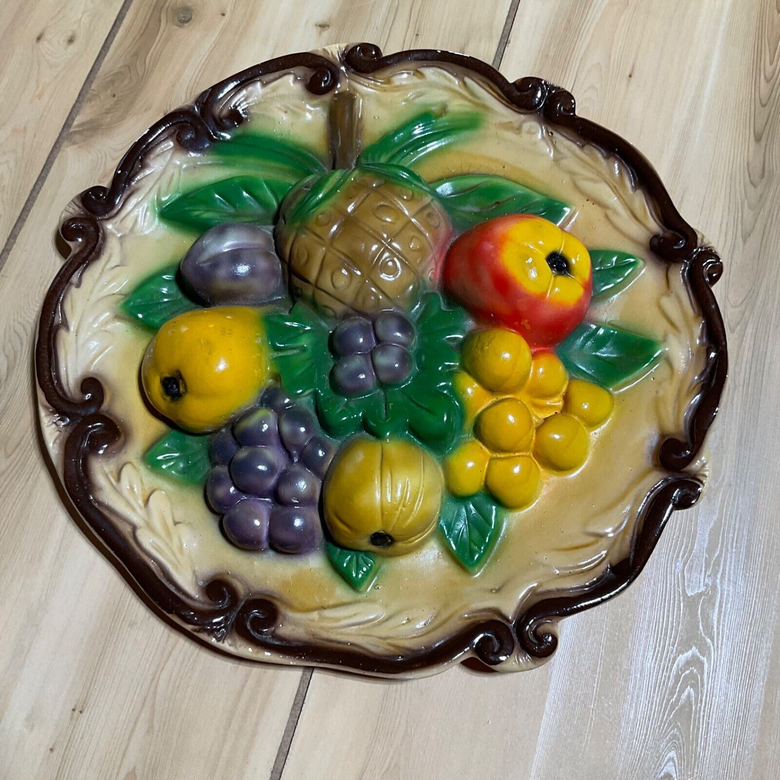 Vintage 1950s Large Fruit Chalkware Fruit Wall Plaque 12.5 in