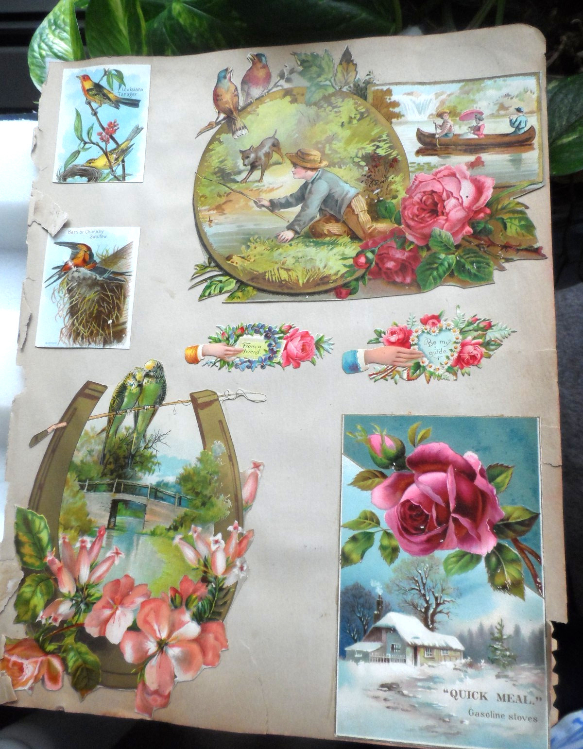 1876 Antique Scrapbook Page-SCRAPS ON BOTH SIDES - CALLING CARDS, BIRDS & MORE
