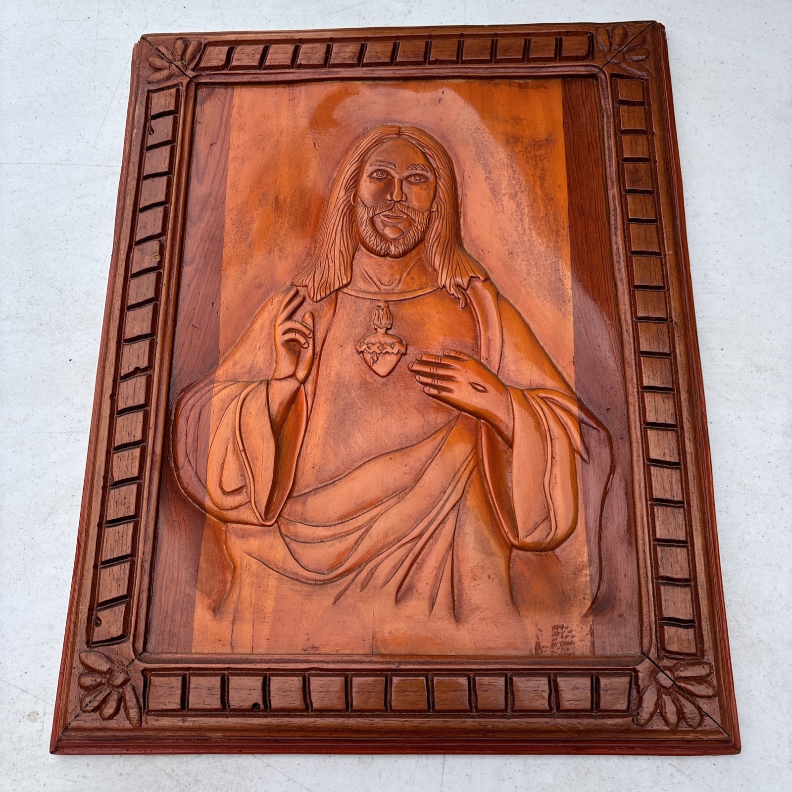 Sacred Heart of Jesus 3D wood relief carving Mahogany Vintage