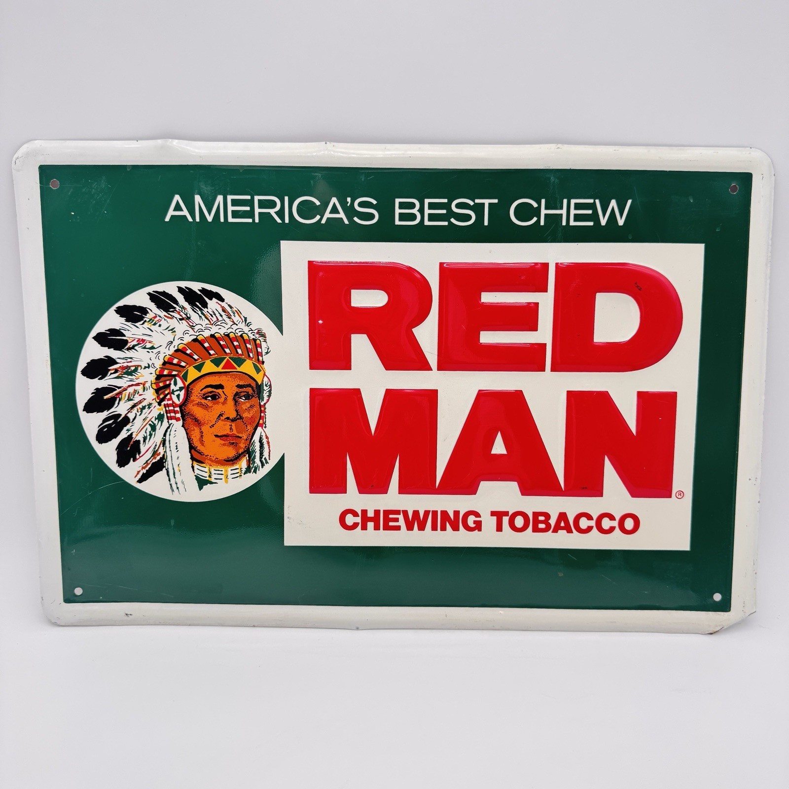 1970s 1980s RED MAN CHEWING TOBACCO INDIAN HEAD PRESSED TIN METAL SIGN VINTAGE 1970s 1980s RED MAN CHEWING TOBACCO INDIAN HEAD PRESSED TIN METAL SIGN VINTAGE