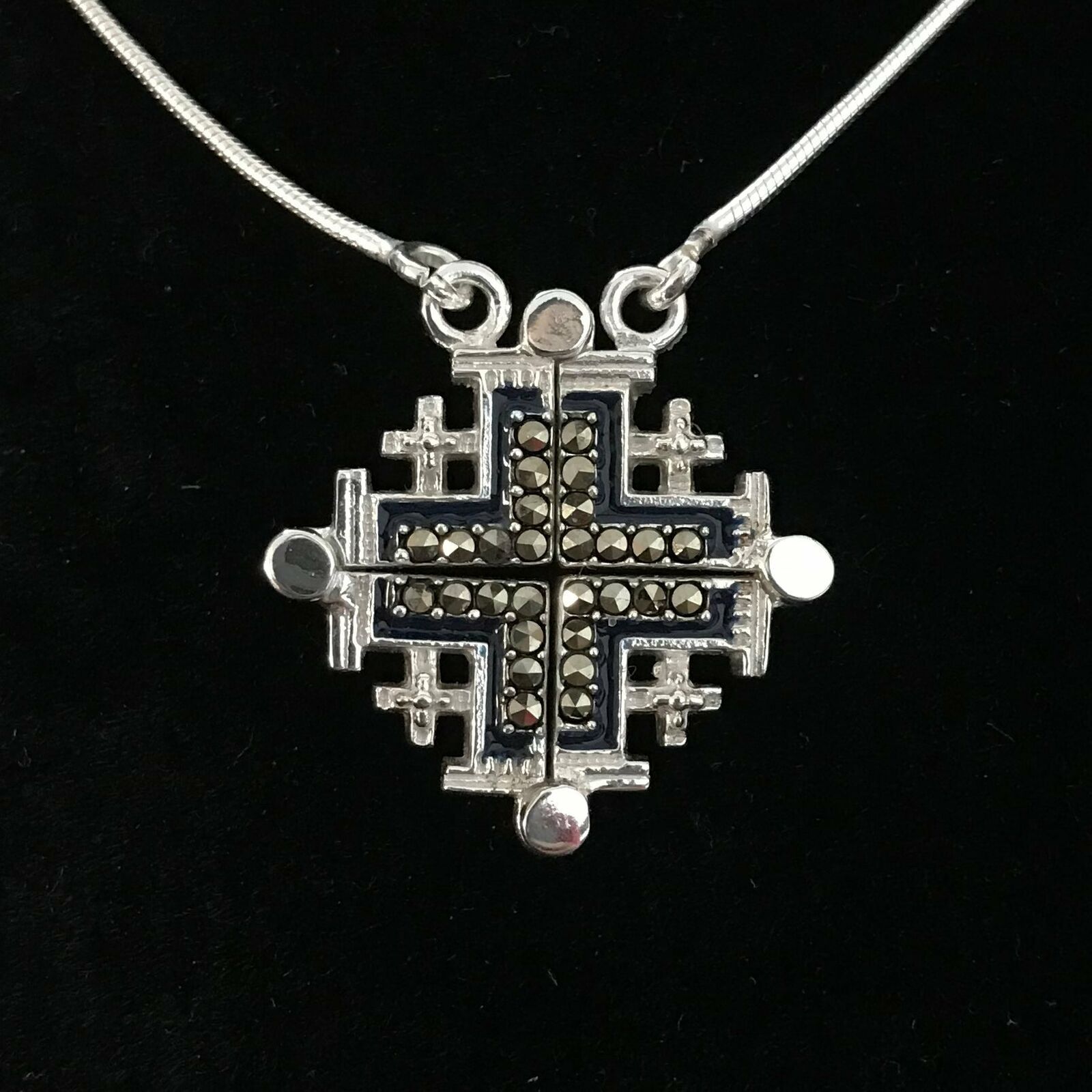 Two-Way Dark Blue Magnetic Jerusalem Cross Necklace with Gemstones