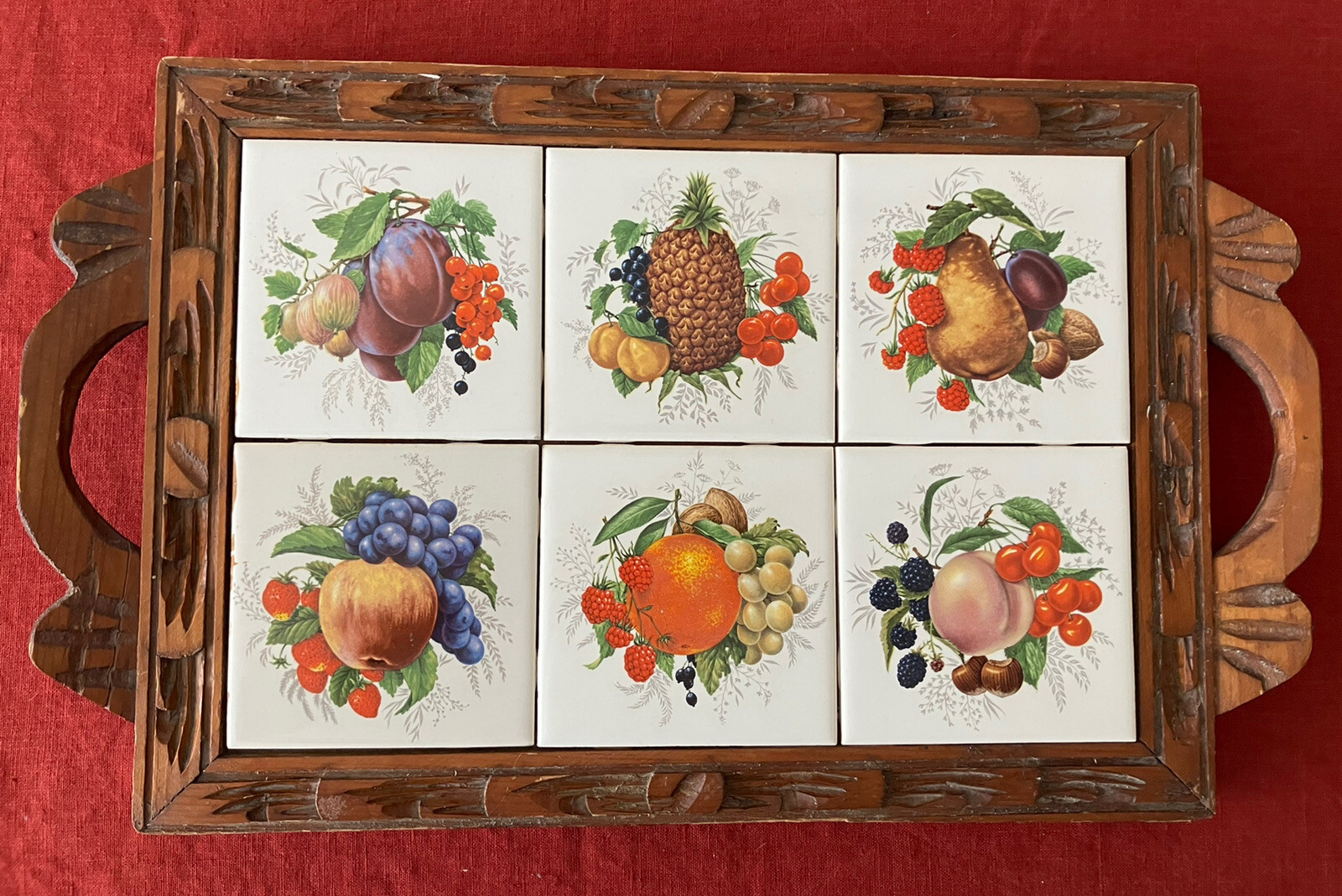 Vintage \'70s Dal-Tile Carved Wooden Serving Tray with Ceramic Fruit Tiles Trivet