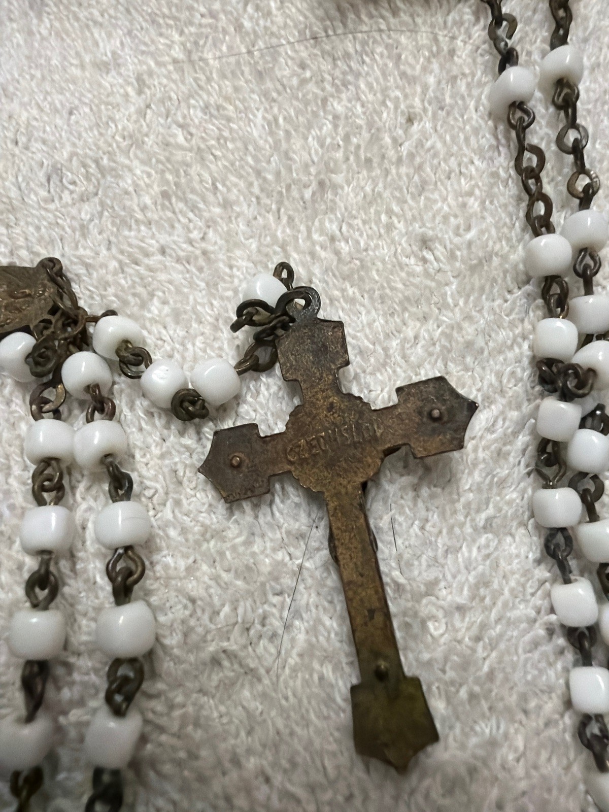 Vintage Czechoslovakian Rosary Beads Milk Glass Brass Interwar Era