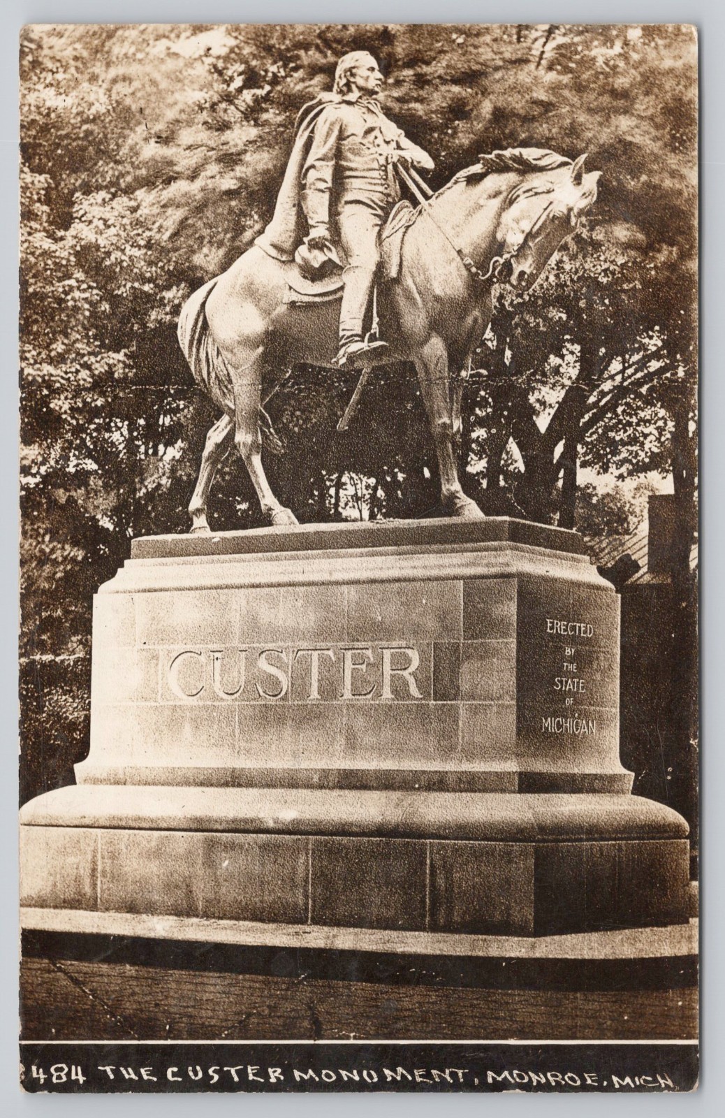 Monroe Mich Custer Monument Equestrian Statue Civil War Memorial RPPC Postcard