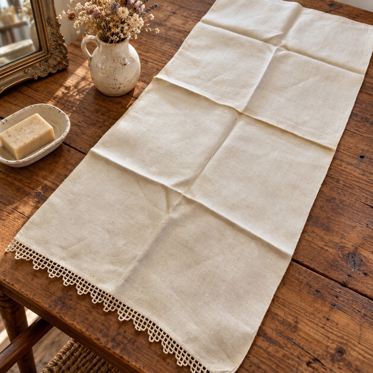 Vintage Ivory Linen Guest Towel with Lace Trim 17 x 35