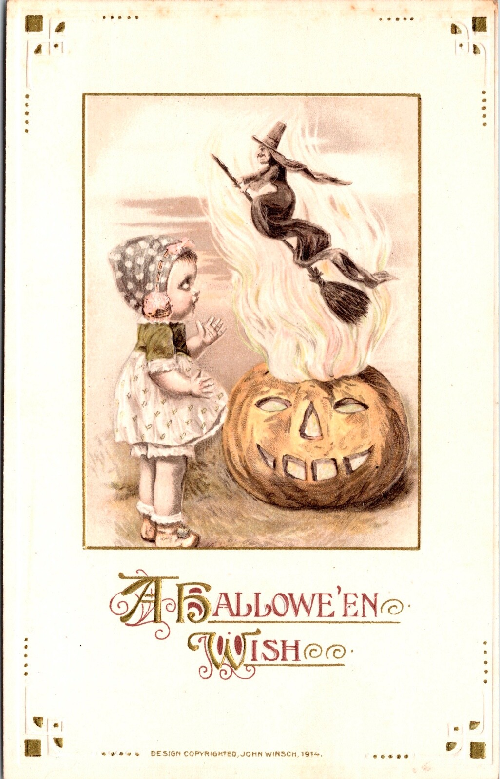 Vintage John Winsch Little Girl, Witch, Broom, JOL, Pumpkin, Halloween Postcard