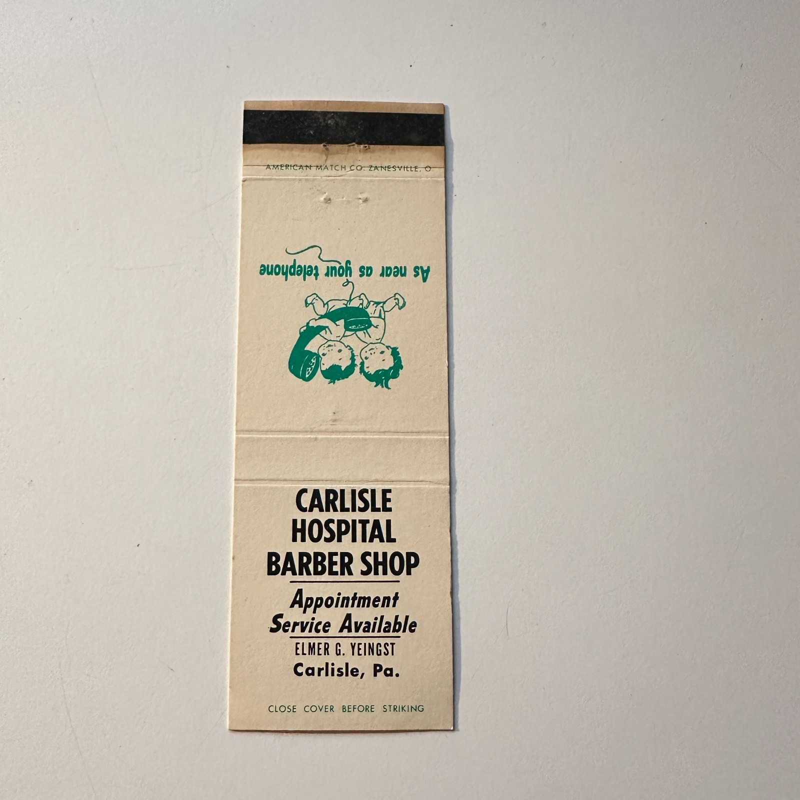 Carlisle Hospital Barber Shop EG Yeingst PA Vintage Matchbook Cover 5MB126-3-2