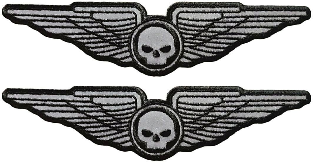 REFLECTIVE SKULL WINGS Motorcycle Biker Chopper Patch -2PC IRON ON SEW 6\