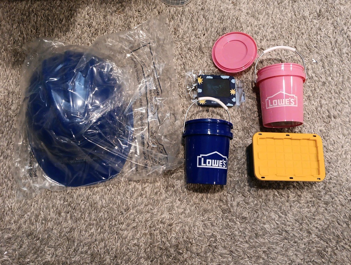 Lowe's Super Set, Kids Hardhat, Mini Keychain Drawer, Miro Tote, Pink &Blue Mini Lowe's Super Set, Kids Hardhat, Mini Keychain Drawer, Miro Tote, Pink &Blue Mini
