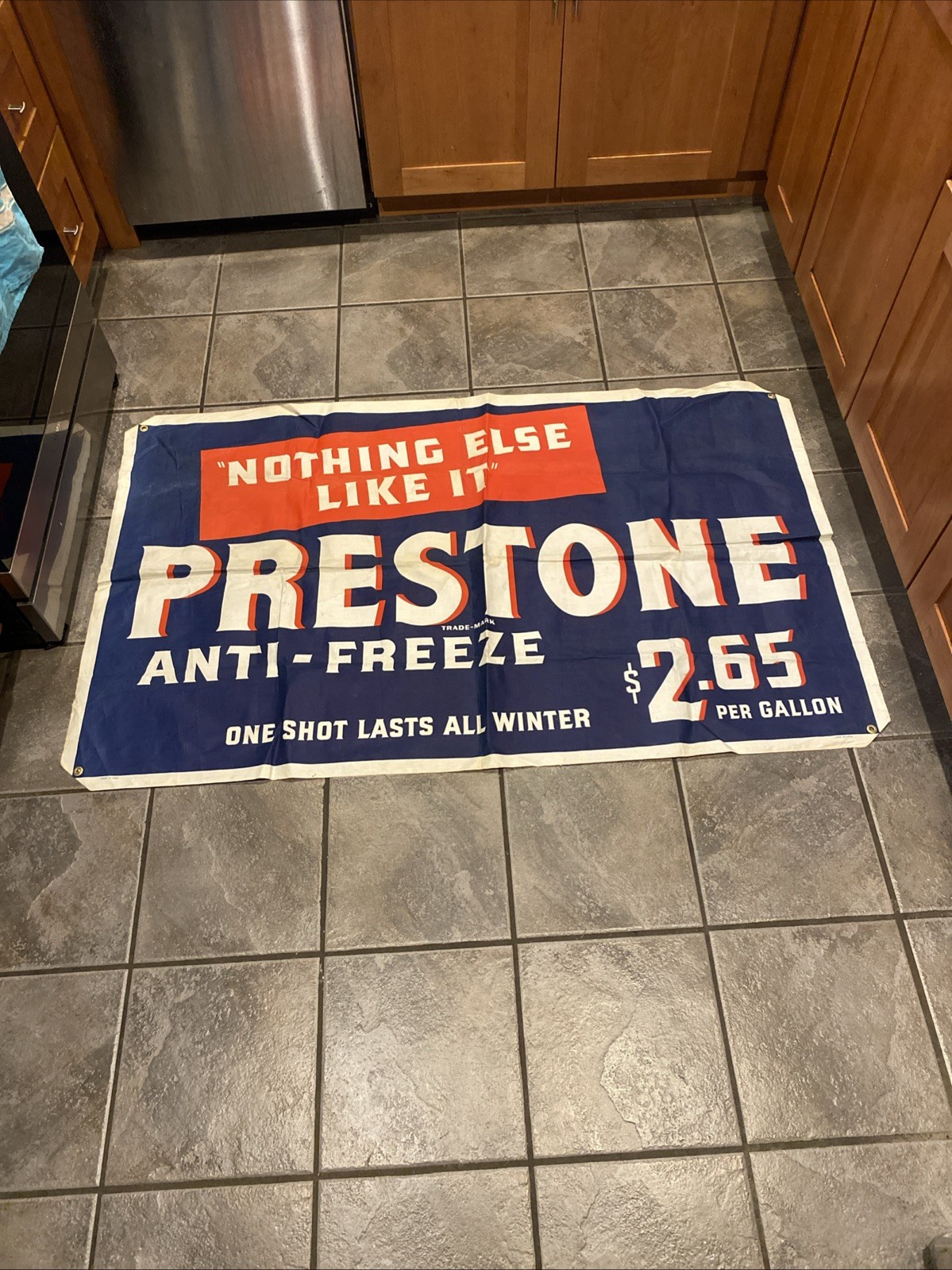Vintage 1940s-50s Prestone Anti-Freeze Cloth Banner Excellent  36” x 60”