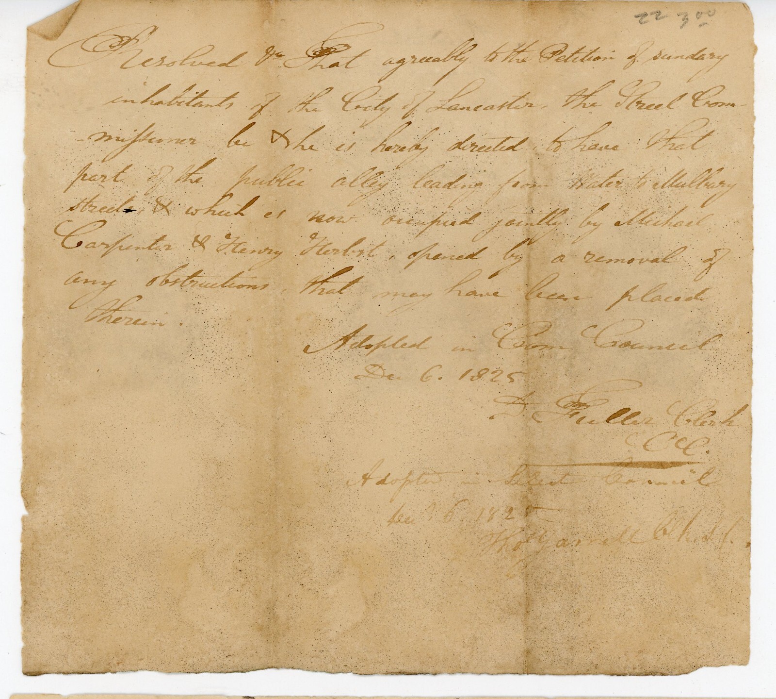 1825 Lancaster PA Document City Council Opening Alley Signed 19th Century Fuller
