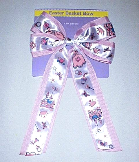 Easter Basket Pink Satin BOW with Butterflies, Crowns, Castles, Hearts - NEW