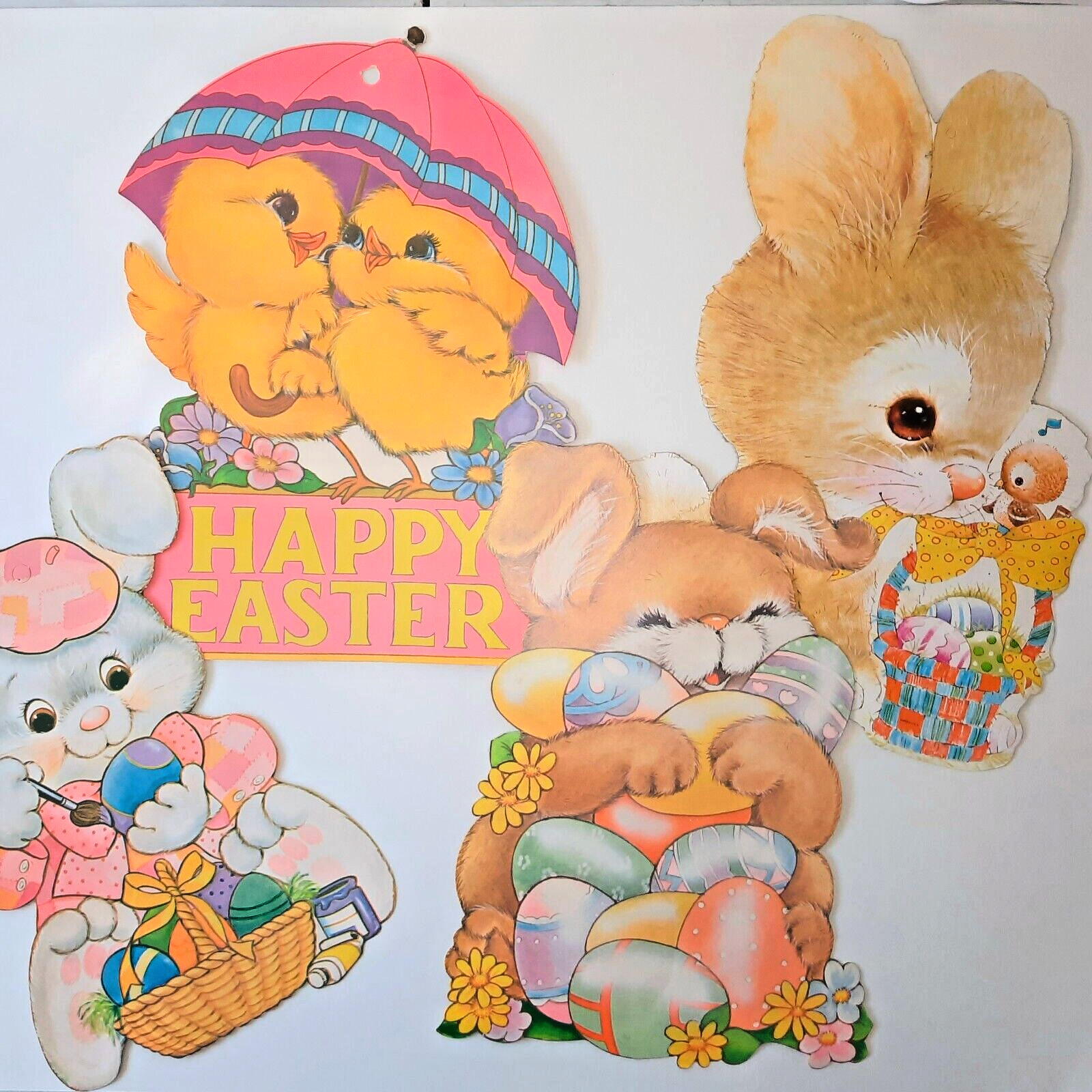 4 Vintage Easter Double Sided Die Cuts Bunnies Eggs and Chicks