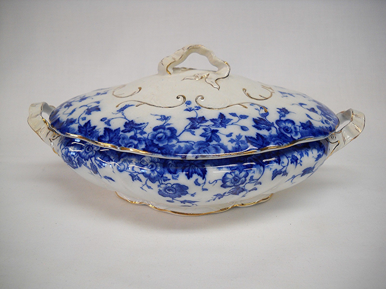 Antique Burgess & Leigh VERMONT FLOW BLUE SOUP TUREEN AND LID-VG