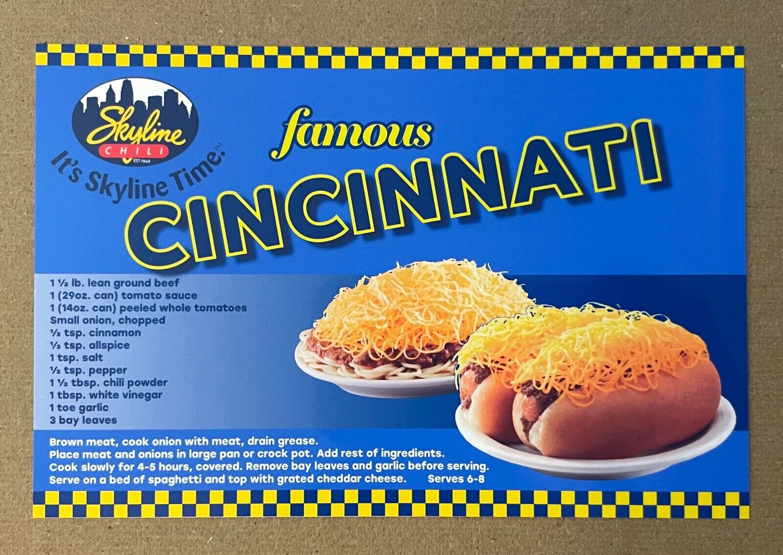New Postcard 4x6 Cincinnati Skyline Chili recipe
