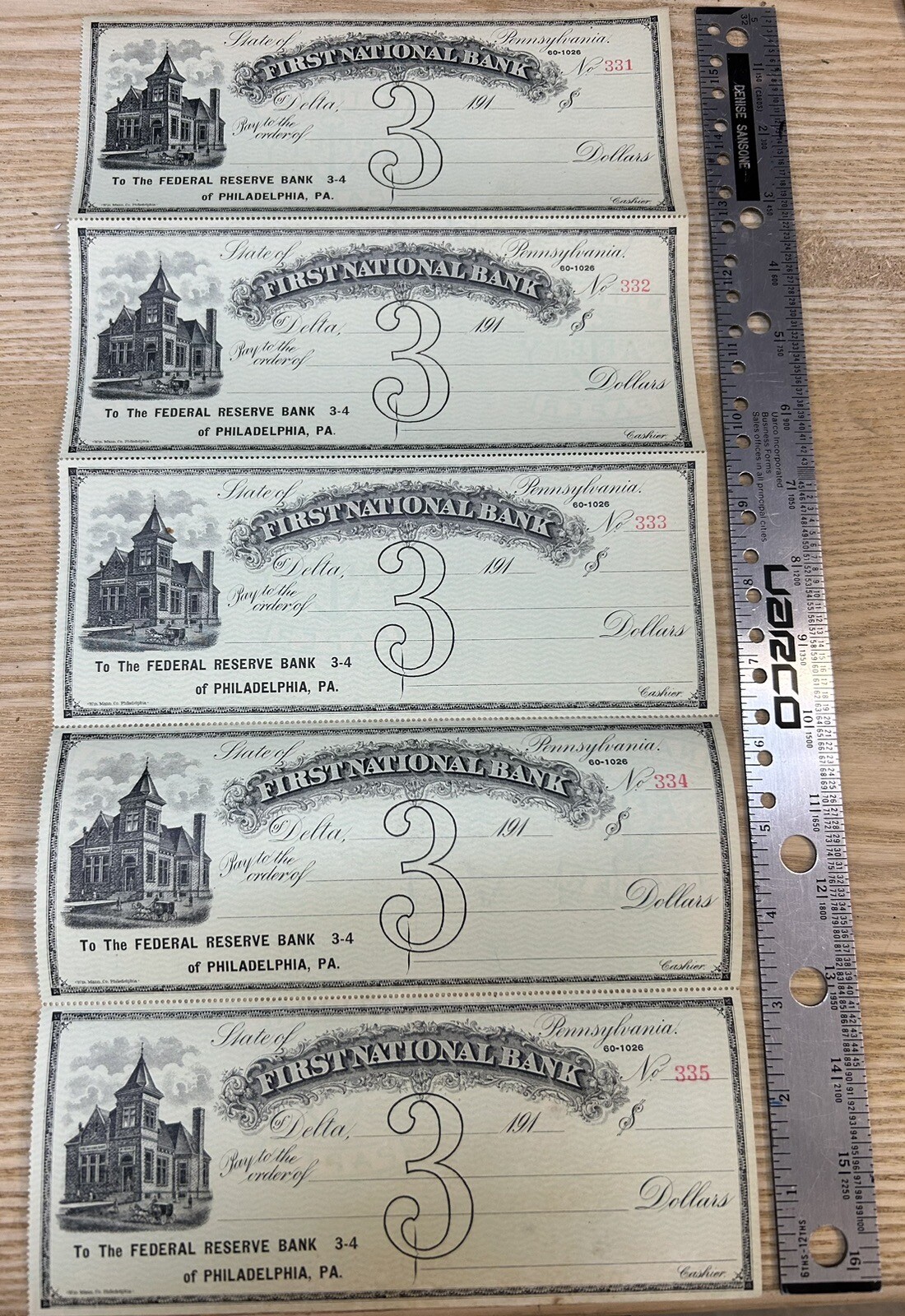 Antique 1910s The First National Bank Blank Checks Delta PA