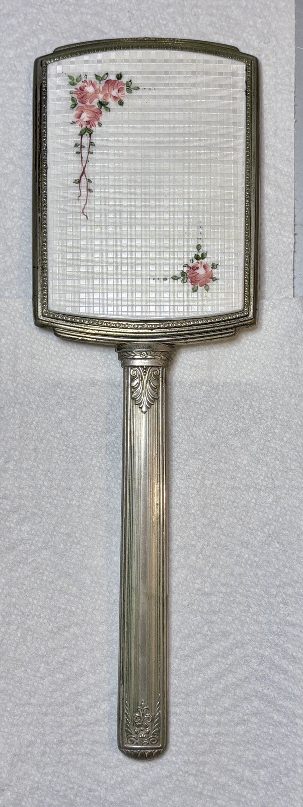 VTG Hand Held Vanity Mirror Flowers French Guilloche Enamel & Silver Plate 13”