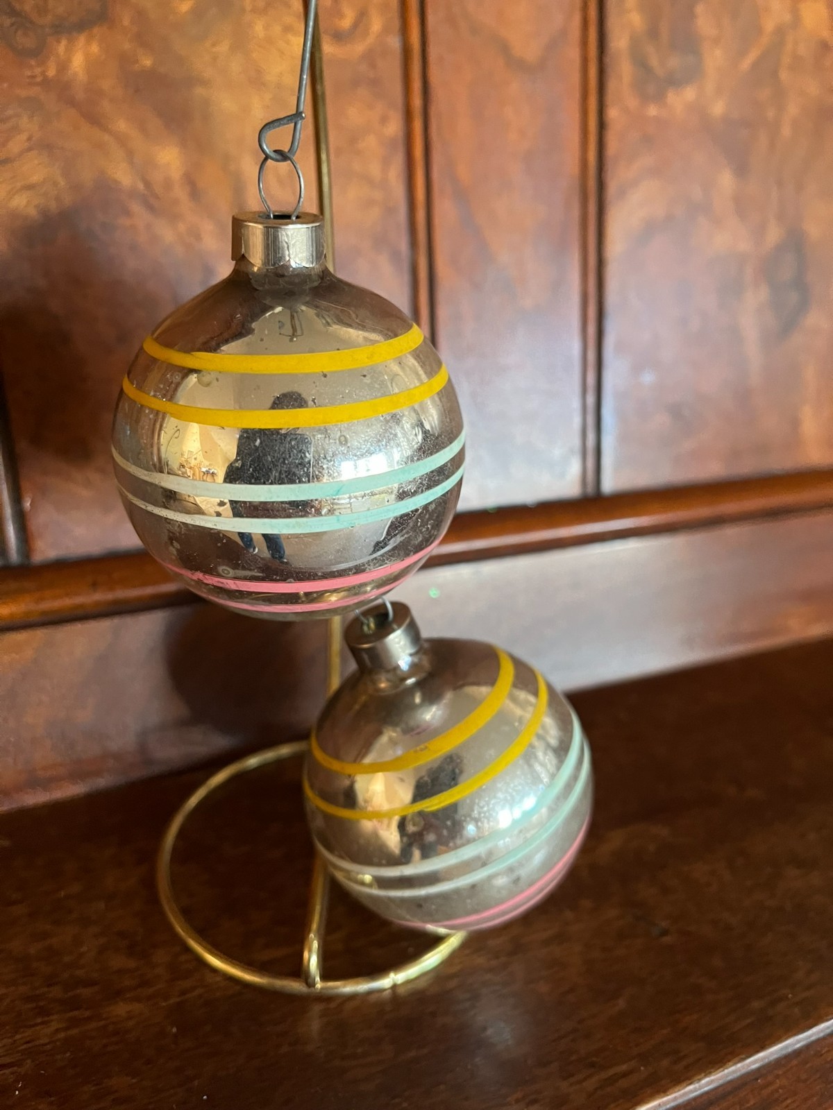 Set of 2 Vntg Made in the US of A glass ornaments yellow, blue & pink  stripes