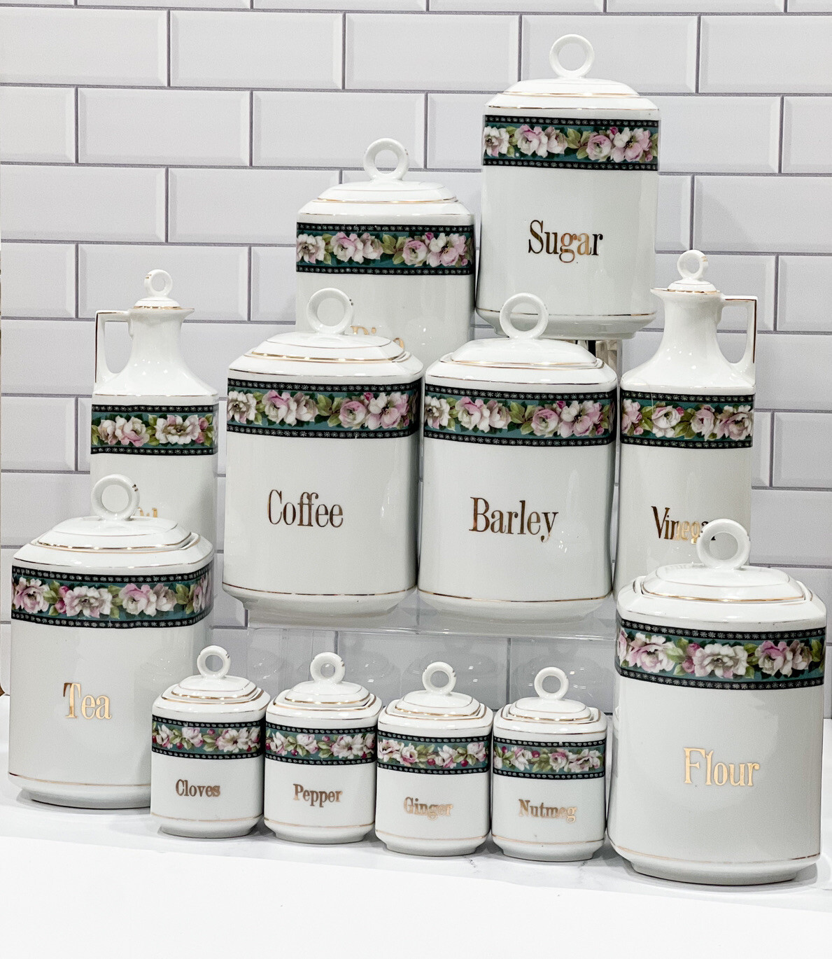 Antique Lot 24 Czech Epiag Spice Storage  Apothocary Canister Set Floral MCM
