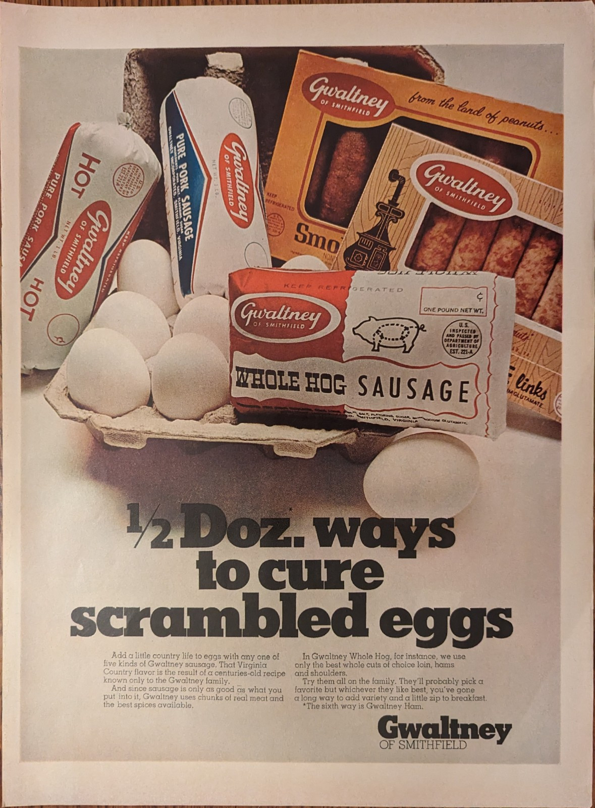 Gwaltney of Smithfield Eggs and Meat Vintage 1969 Folio Food Print Ad