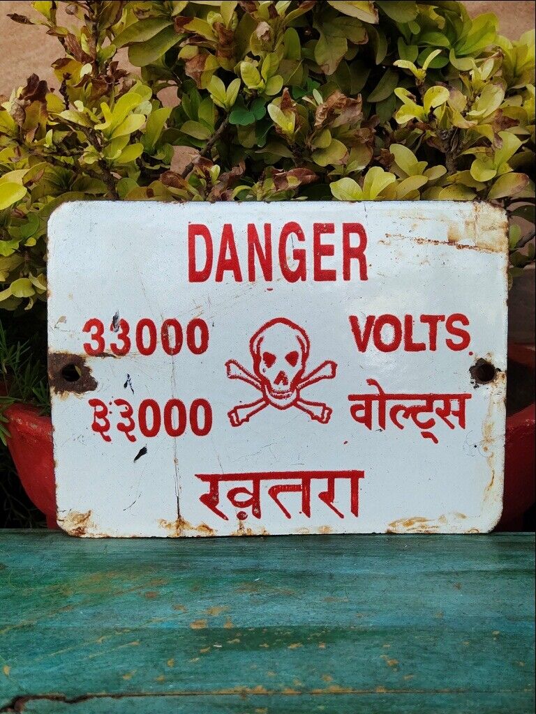Vintage Old Enamel Porcelain 33000 Volts Danger Warning Indian Tin Sign Board