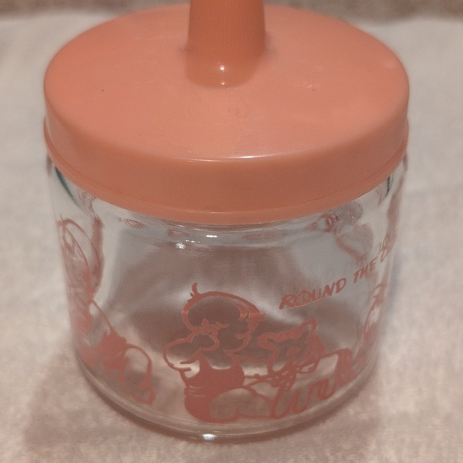 Vintage Clear Glass BabyJar w/ Pink Lid, Child Illustration, 