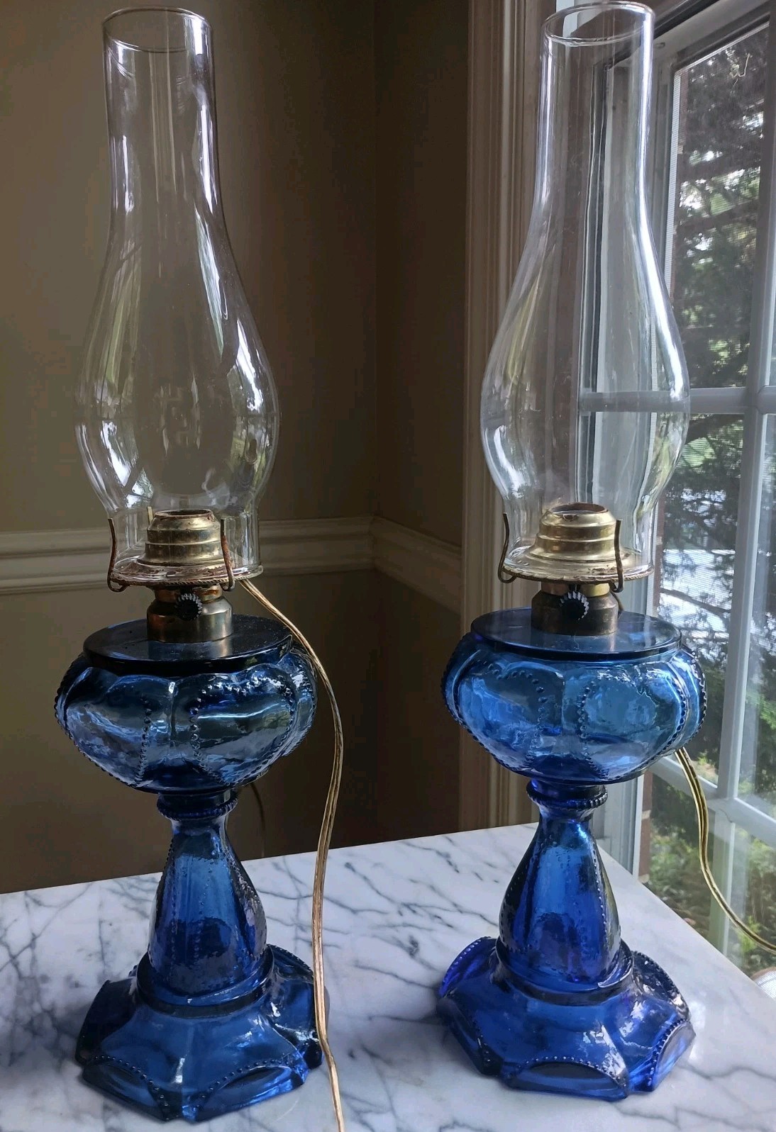 Pair Of Findlay Cobalt Blue Queen Of Hearts Converted Oil Sweetheart Lamp  READ