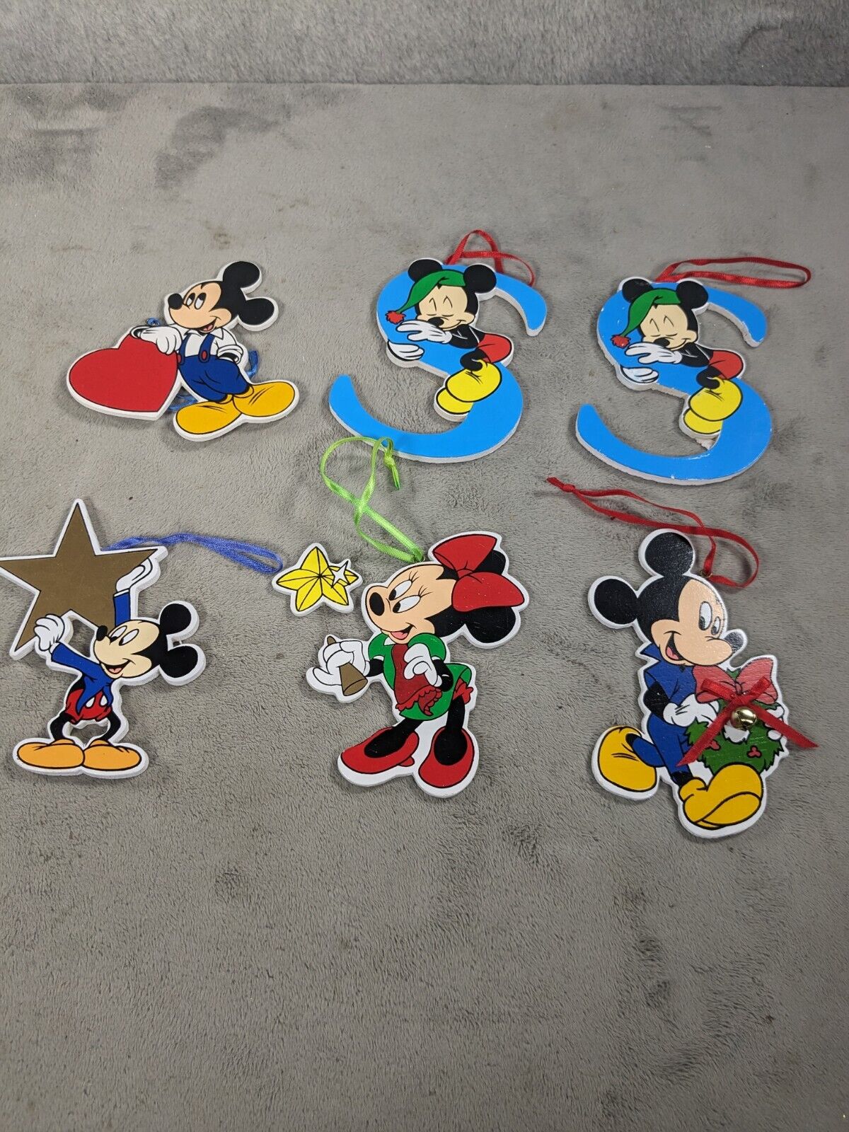 Set of 6 Kurt Adler Disney Mickey & Minnie Mouse Vintage Wood Cut Out Ornaments