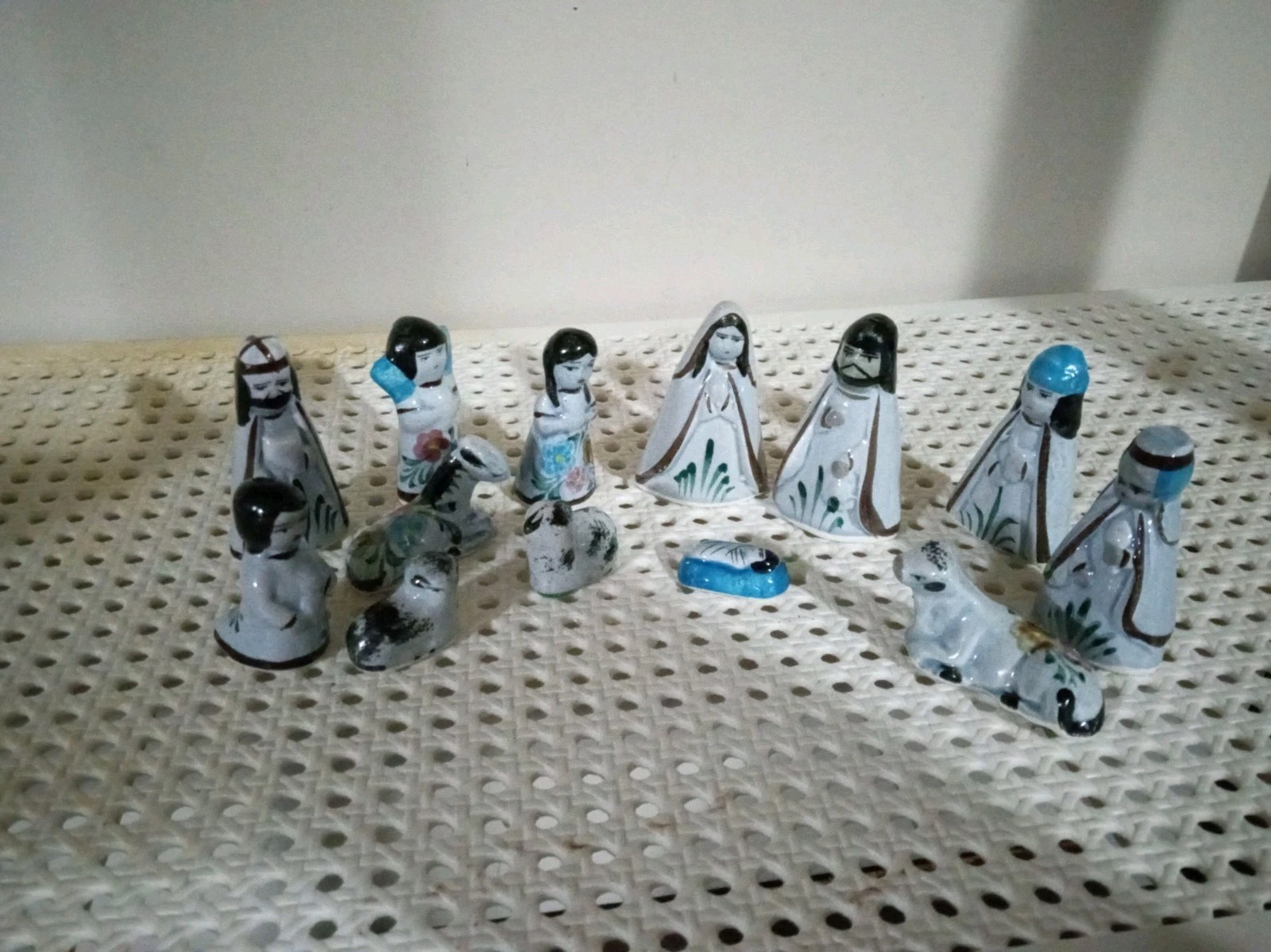 13 Piece Vintage Ceramic Mexican Folk Art Nativity Set Tonala-Style Blue Flower 13 Piece Vintage Ceramic Mexican Folk Art Nativity Set Tonala-Style Blue Flower
