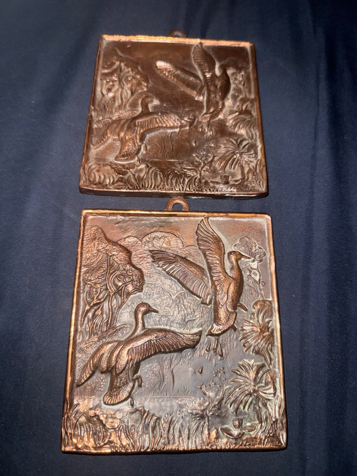 2 ⁠Vintage J Focan Bronze Relief Wall Plaque Flying Ducks Mallards Wildlife Art
