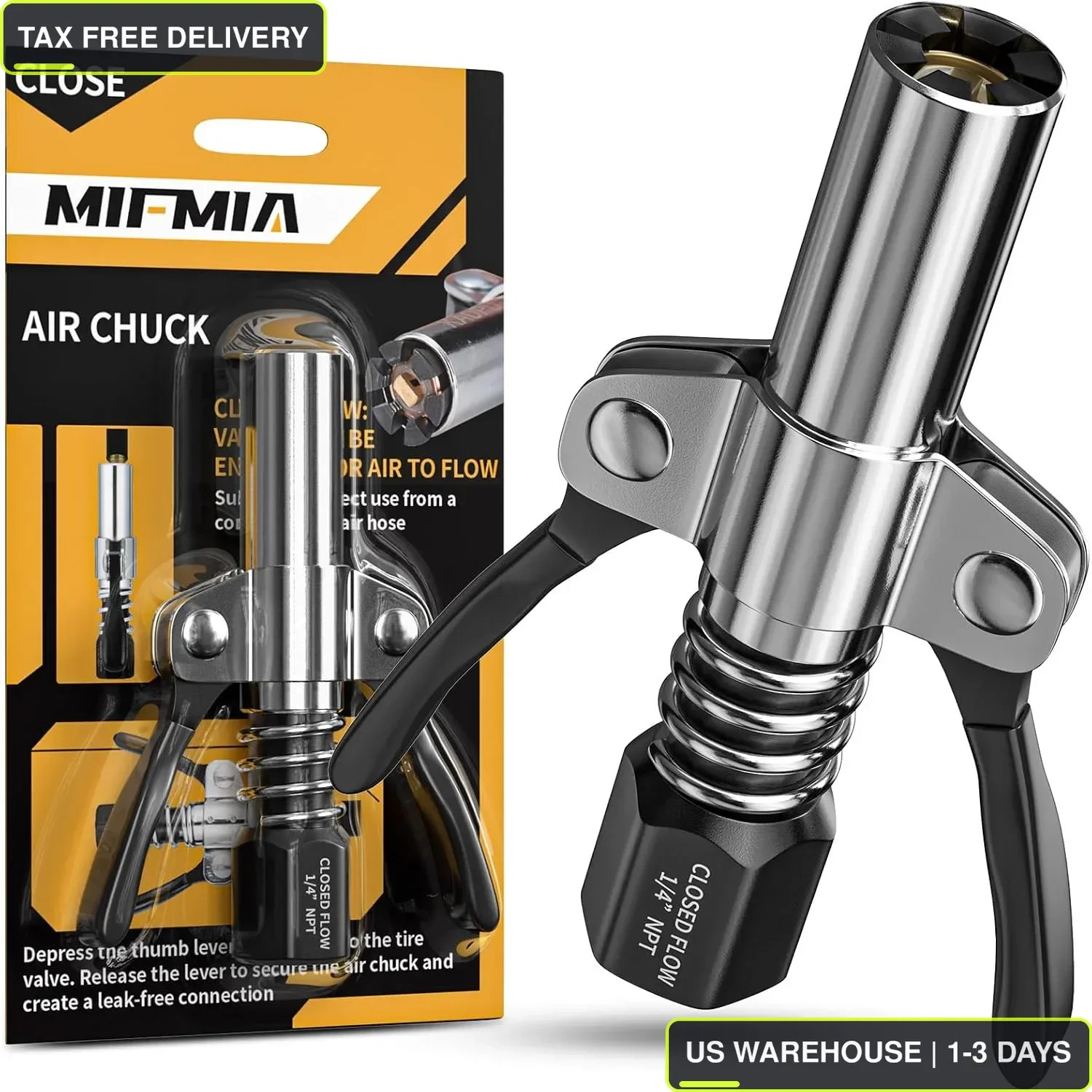 Locking Air Chuck, Heavy Duty Open Flow with Six Steel Jaws, Locks onto Any Tire