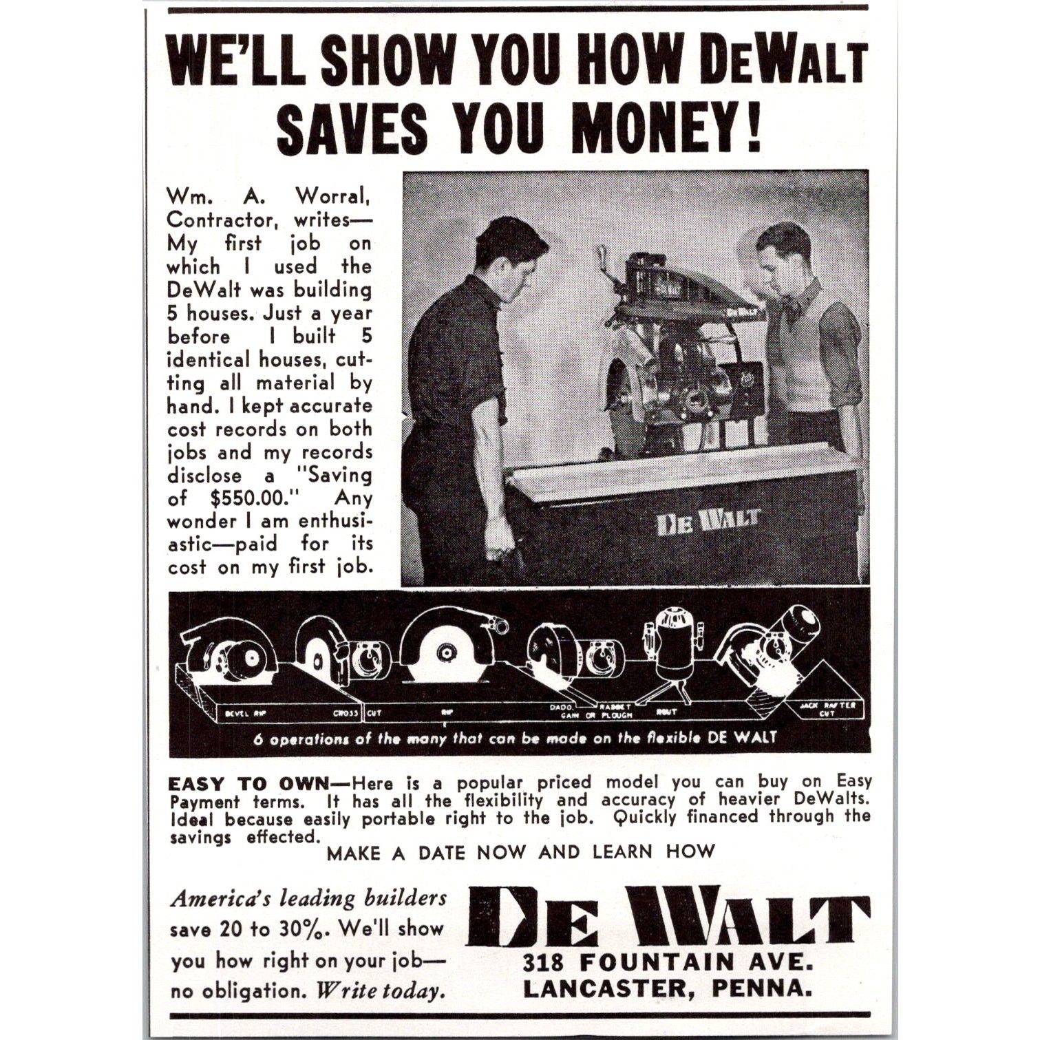 De Walt America\'s Leading Builders Wm A Worral Lancaster PA 1938 Ad SAJ6-M7