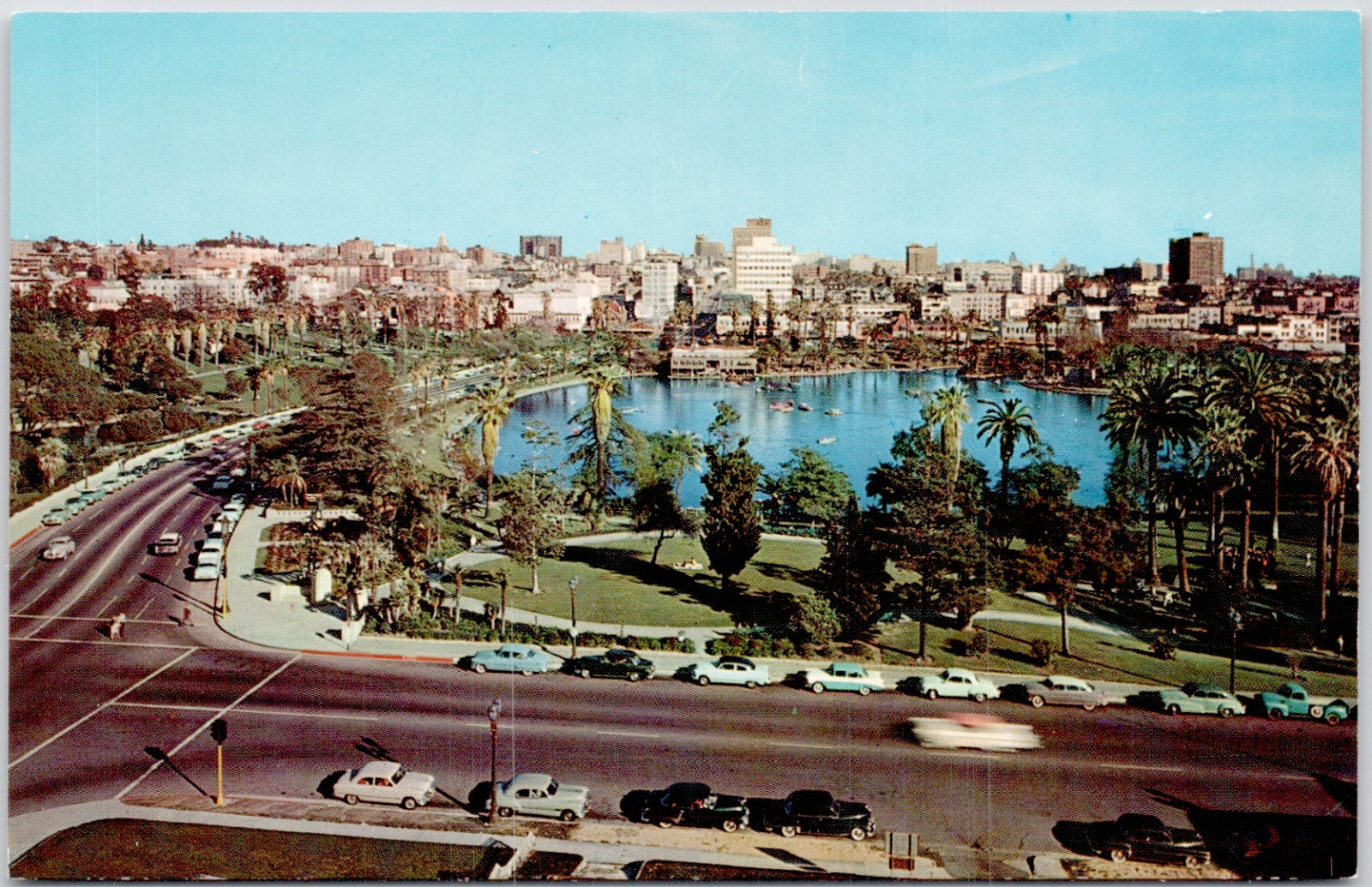 Los Angeles California MacArthur Park Wilshire Boulevard Lake Vintage Postcard
