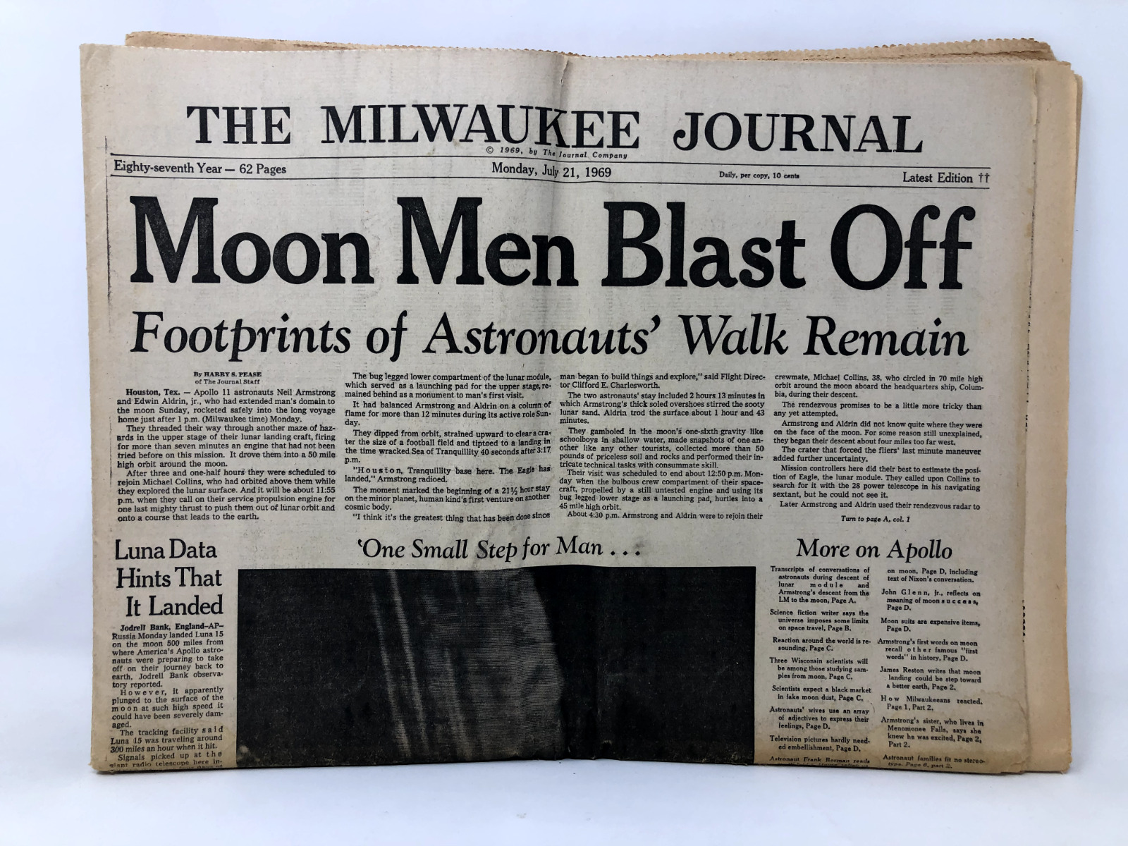 Vintage Intact Milwaukee Journal 1969 Moon Landing - One Small Step for Man...