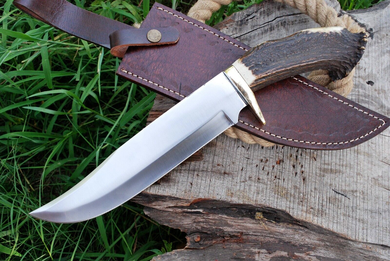 RARE CROWN ANTLER CUSTOM HANDMADE HUNTING SURVIVAL TACTICAL BOWIE KNIFE & COVER