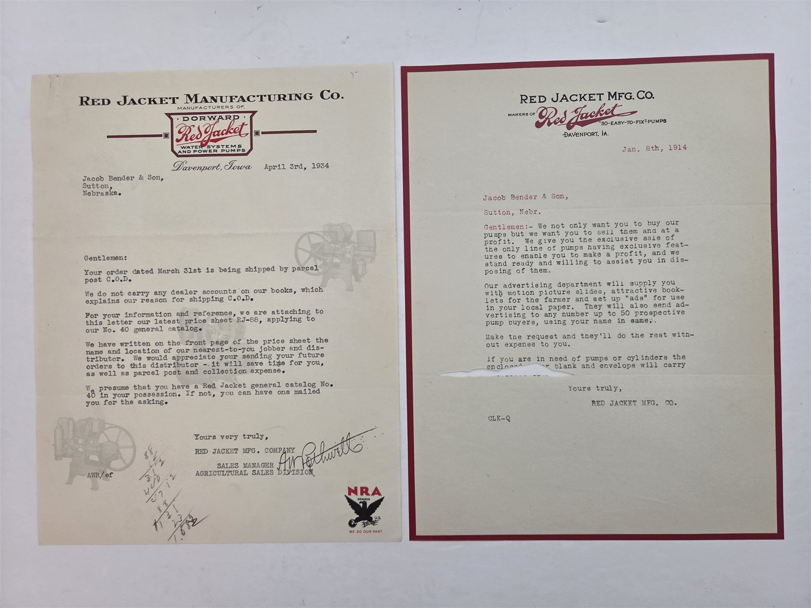 1914 1934 antique RED JACKET PUMP LETTERHEADS davenport ia JACOB BENDER