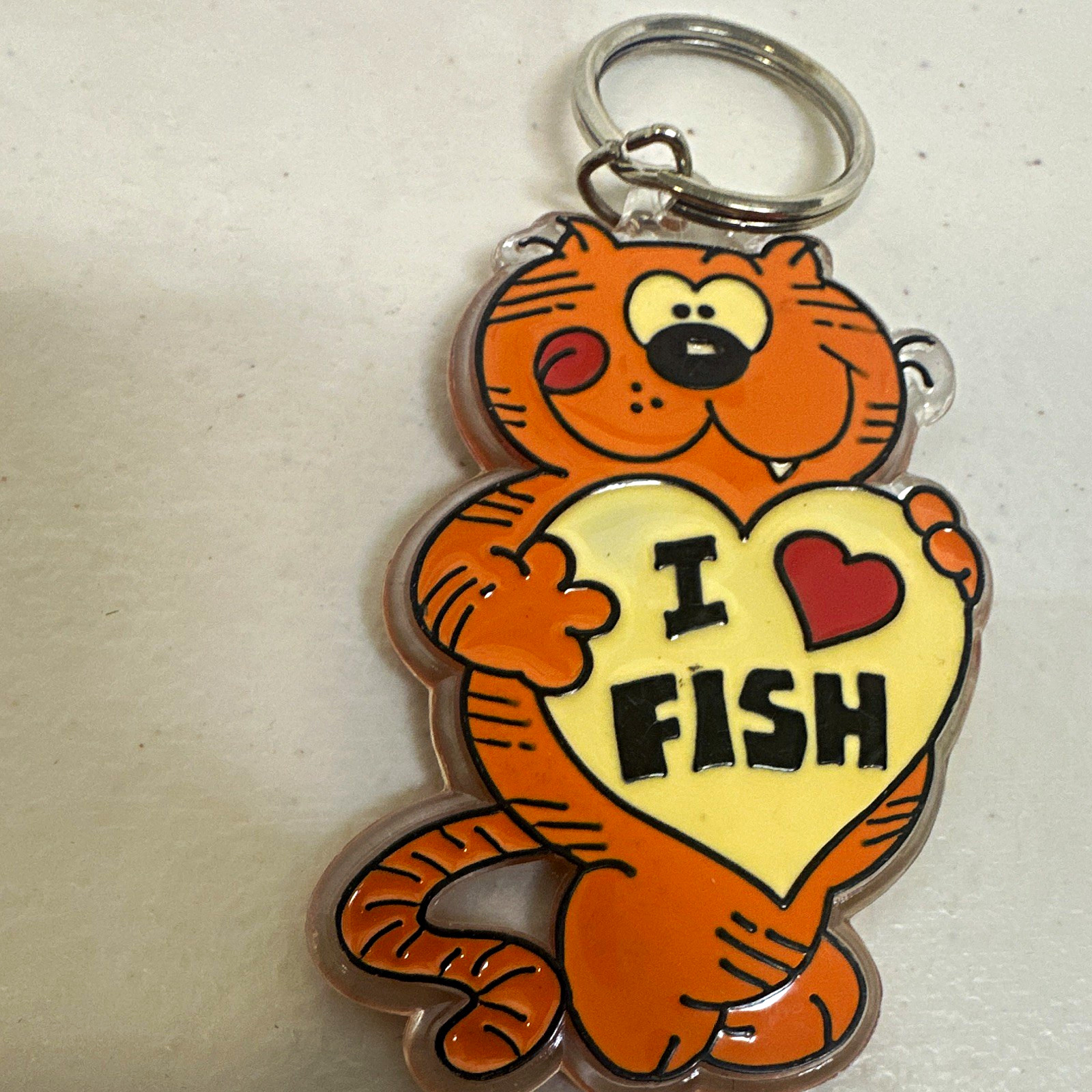 Vintage 1982 Heathcliff Cat I Love Fish Keychain Cartoon Collectible Taiwan