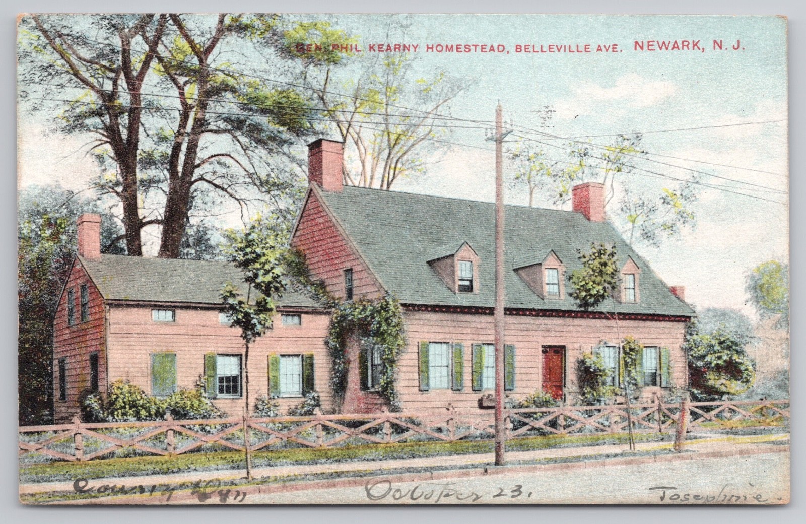 Postcard Newark New Jersey Gen. Phil Kearny Homestead Belleville Ave. 1908
