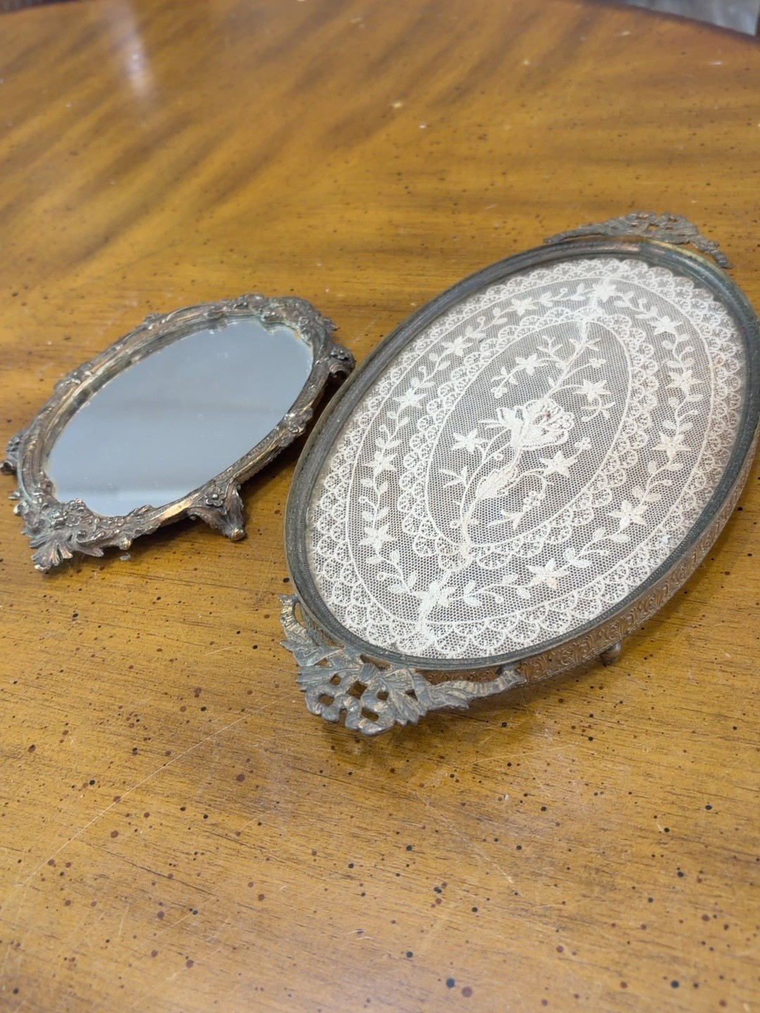 Vintage Ornate Metal Vanity Tray & Mirror Set Lace Under Glass Footed