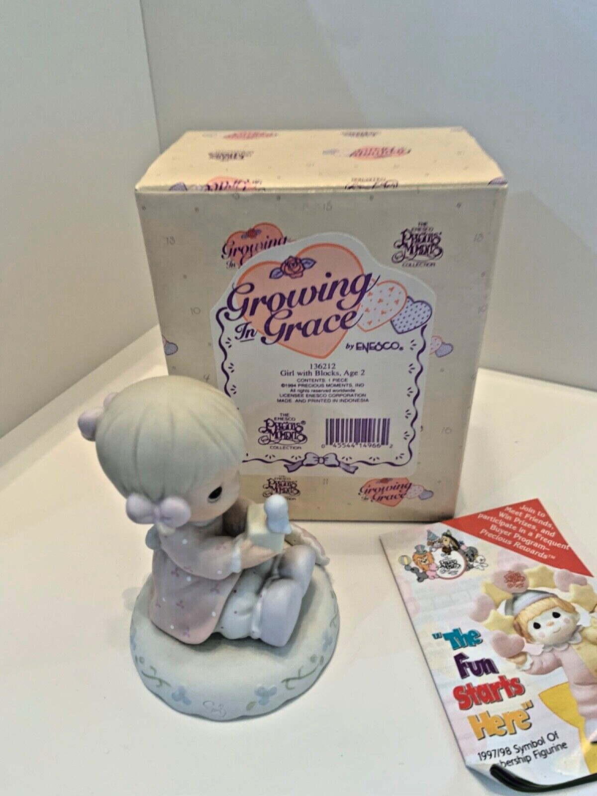 Enesco Growing in Grace Blond Girl W/Blocks Age 2 Porcelain Bisque Figurine Box