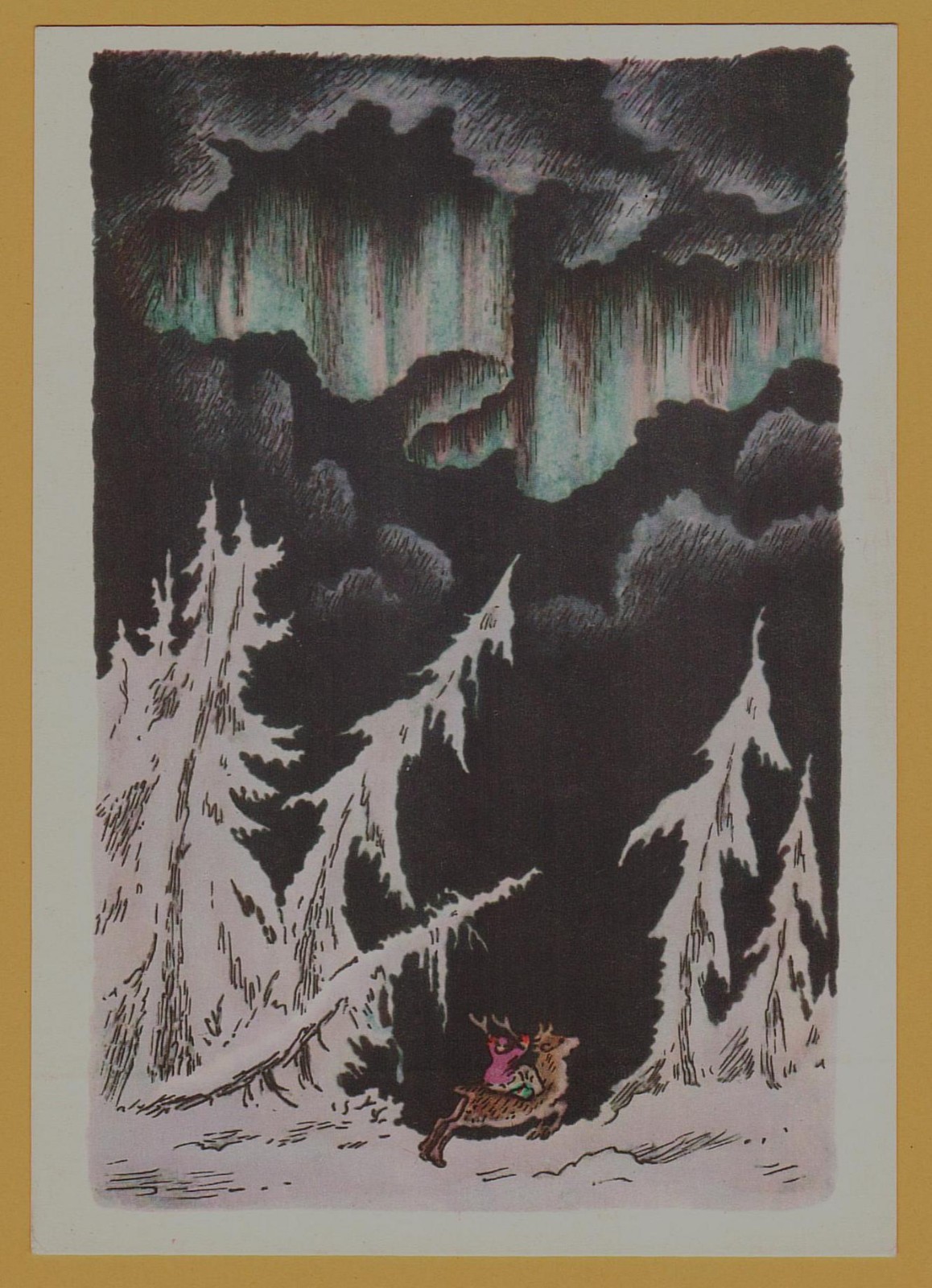 1965 Fairy Tale Snow Queen Gerda Reindeer Northern light Art USSR Postcard