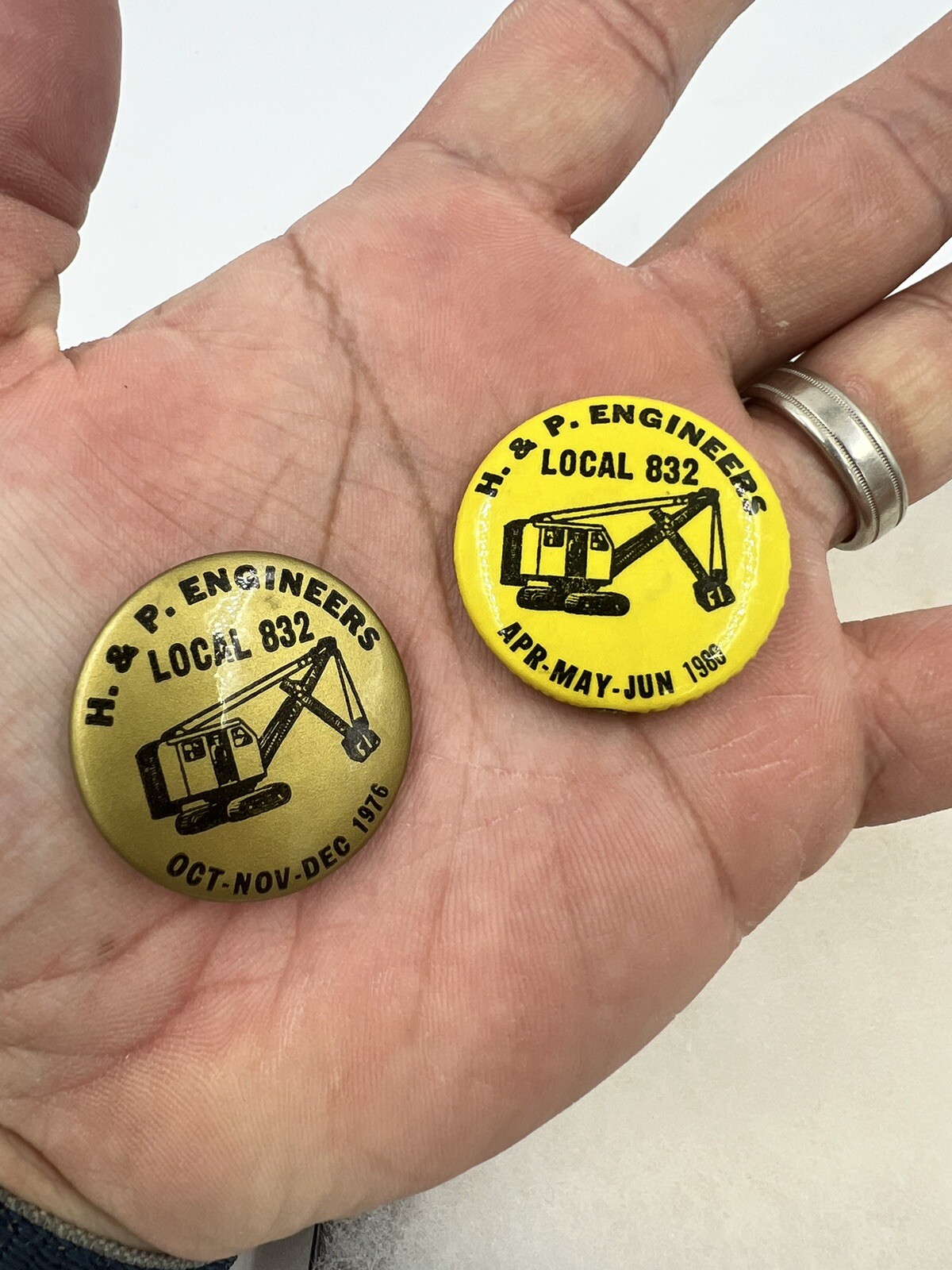A Pair of Vintage Local 832 H&P Operating Engineers Union Buttons From 1976 & 80