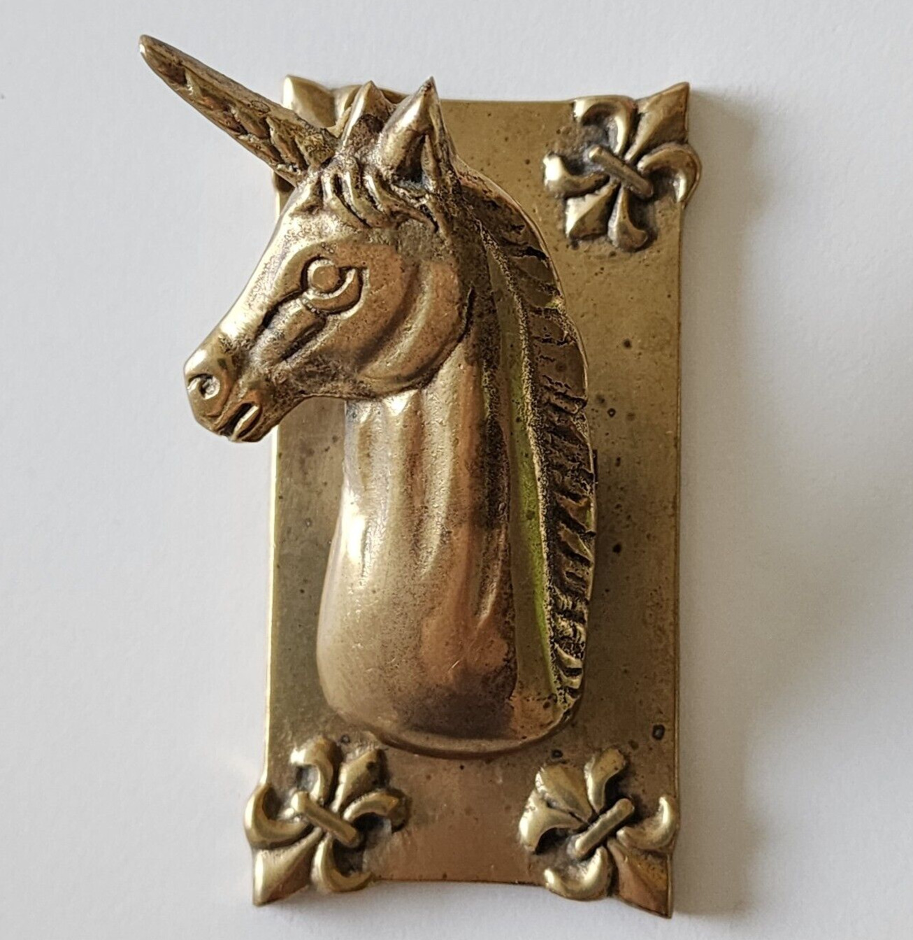 VTG Unicorn Brass Paperweight Clip 1970s Fleur De Lis Memo Holder Mythical Gift